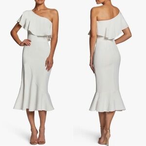 DRESS THE POPULATION Raquel One Shoulder Dress White Midi Mermaid Cocktail